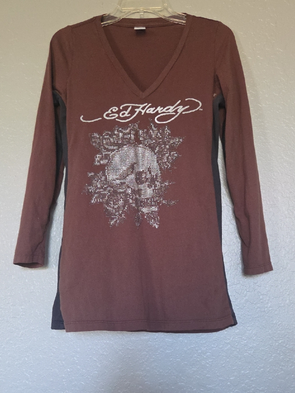 Ed Hardy Brown Long Sleeve V-Neck Top with Rhinestone Skull